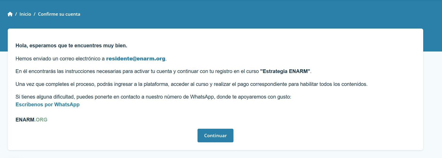 Pantalla que indica revisar el correo electrónico